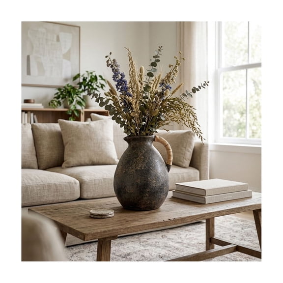Round Rustic Vase for Living Room Decor - Pottery Terracotta Jug-Style Flower Vase for Home, Bedroom, House, and Office Table Decor - Wrapped Handle Accent Display for Mantel - 16", Black & Brown
