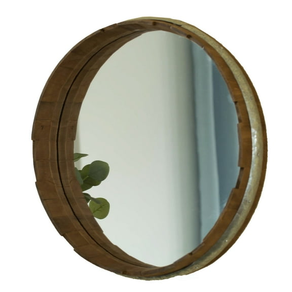 Round Rustic Wood and Galvanized Metal Framed Wine Barrel Shaped Wall Mirror