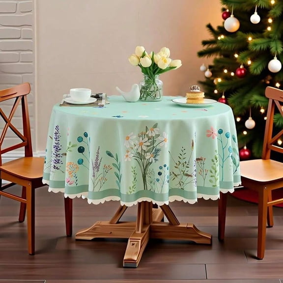 Round SageGreen Spring Floral Tablecloth 60 Inch With Scalloped Edge, Soft Waterproof Washable Fabric For Dining Kitchen Outdoor