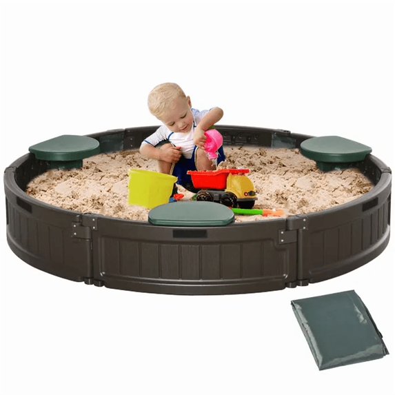 Round Sandbox for Kids, Outdoor Backyard Play Area with Cover and Seating, HDPE and Oxford Fabric, Brown