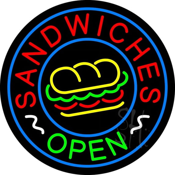Round Sandwiches Open Logo LED Neon Sign 26 x 26 - inches, Black Square Cut Acrylic Backing, with Dimmer - Bright and Premium built indoor LED Neon Sign for restaurant window and interior decor.