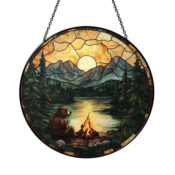 Round Sasquatch Campfire Sunset Scene Stained Glass Style Suncatcher, Window Hanging Decor