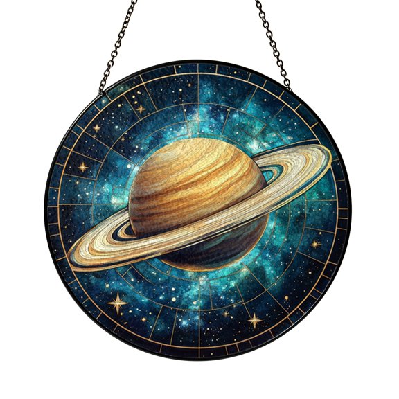 Round Saturn Cosmic Scene Glass Suncatcher Window Decor, Stellar Planetary Ornament Gift for Space Fans