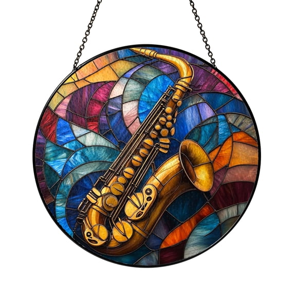 Round Saxophone Jazz Scene Stained Glass Style Suncatcher, Window Hanging Musical Decor
