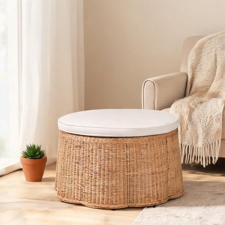 Round Scallop Ottoman with Removable Cushion, Natural Rattan Handwoven Design, Coastal Boho Accent for Living Room or Bedroom, 32-Inch