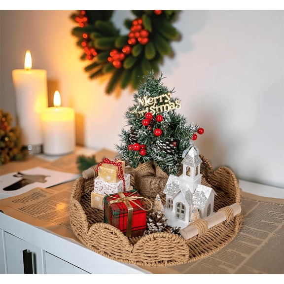 Round Scalloped Decorative Centerpiece Tray for Coffee Table, Home Decor, Living Room - Neutral Tray with Wooden Handle Warm and Elegant for Holidays, Housewarmings - Candle Plate Holder