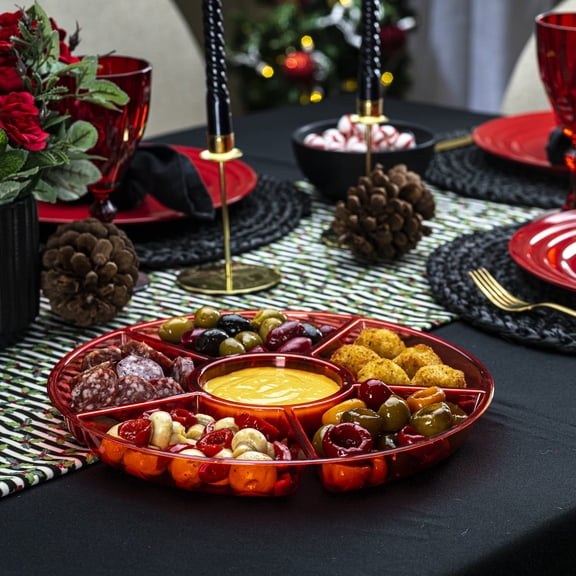 Round Sectional Serving Tray, Multi-Compartment Plastic Platter for Veggie Sticks, Dip & Snack Spreads – Perfect for Gatherings & Buffets