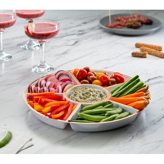 Round Sectional Serving Tray, Multi-Compartment Plastic Platter for Veggie Sticks, Dip & Snack Spreads – Perfect for Gatherings & Buffets