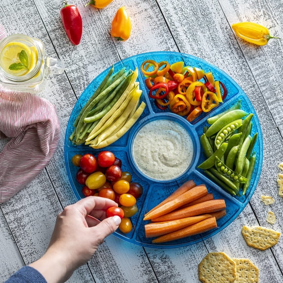 Round Sectional Serving Tray, Multi-Compartment Plastic Platter for Veggie Sticks, Dip & Snack Spreads – Perfect for Gatherings & Buffets