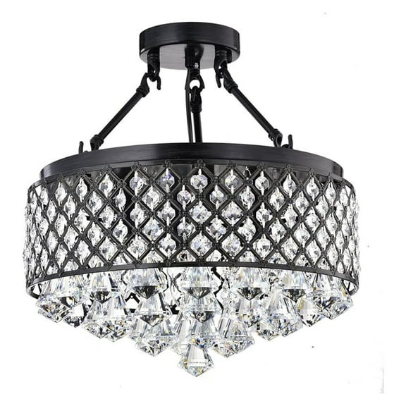Round Semi Flush Mount Crystal Chandelier, 4 Lights Glam Lighting Fixture with Antique Black Finish, Crystal Encrusted Drum Shade, Bedroom, Living Room, Girls Room, Closet