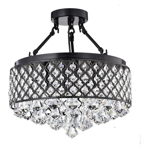 Round Semi Flush Mount Crystal Chandelier, 4 Lights Glam Lighting Fixture with Antique Black Finish, Crystal Encrusted Drum Shade, Bedroom, Living Room, Girls Room, Closet