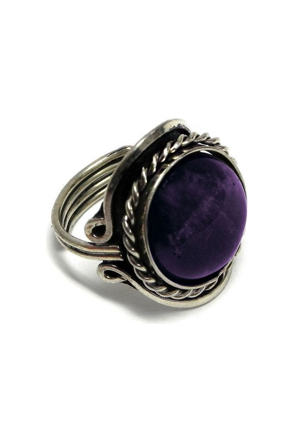 Round Semi Precious Healing Gemstone Crystal Cabochon Silver Metal Border Adjustable Ring - Womens Natural Fashion Handmade Jewelry Boho Accessories