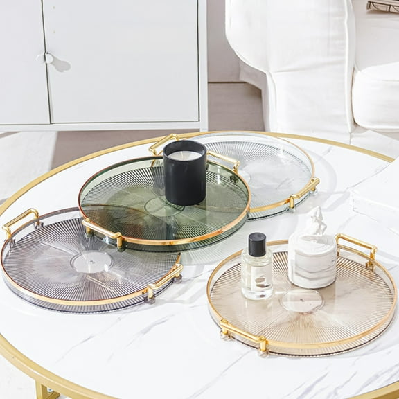 Round Serving Tray Plastic Coffee Table Organizer with Handles, 30x30cm Clear Beige Green Gray Options, Non-slip & Durable for Tea Cups, Snacks, Keys, Entryway and Living Room Decor Storage