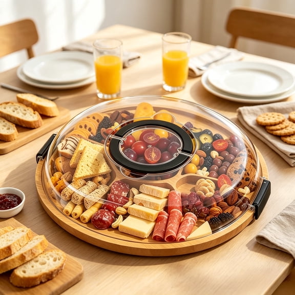 Round Serving Tray With Clear Acrylic Lid Party Platter Stackable for Home Party Fruit Buffet BBQ Daily Meal Prep