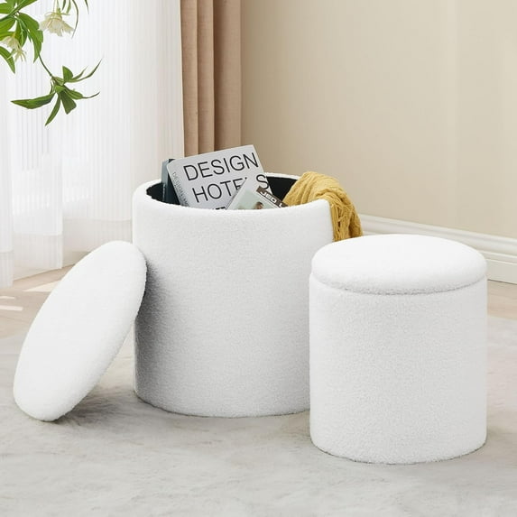 Round Set of 2 Ottoman with Storage, Boucle Storage Ottoman Foot Stool, Soft Teddy Upholstered Small Vanity Stool, Ottomans Coffee Table Padded Seat Foot Rest for Living Room Bedroom, White