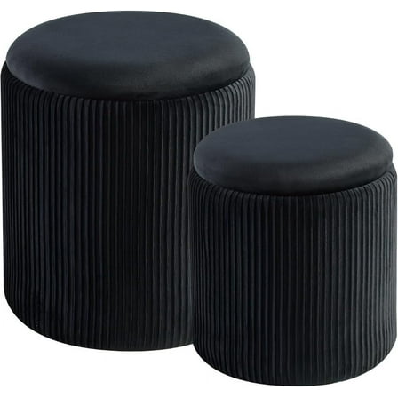 Round Set of 2 Ottoman with Storage-Upholstered Velvet Vanity Stool for Makeup Multifunctional Ottomans Coffee Table Padded Seat Foot Rest for Living Room&Bedroom (Black)