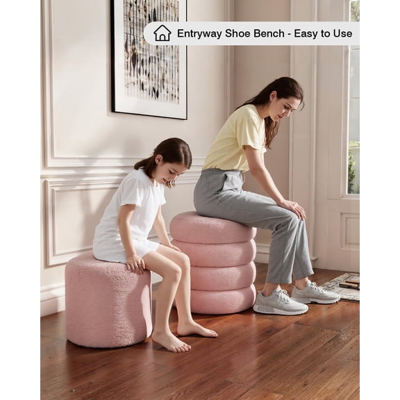 Round Set of 2 Sherpa Storage Ottoman Stool Boucle Vanity Footstool with Removable Lid Load to 440 lbs for Livingroom Bedroom Pink UASND68P