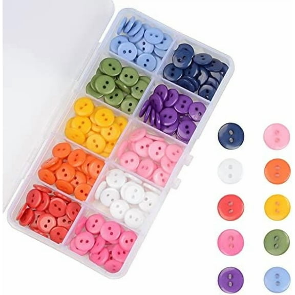 Round Sewing Buttons (10mm) - 10 Color Resin Buttons for Children Sweater, Shirt, DIY Craft - Clothing Fasteners for Crafts - Pack of 200 Pcs
