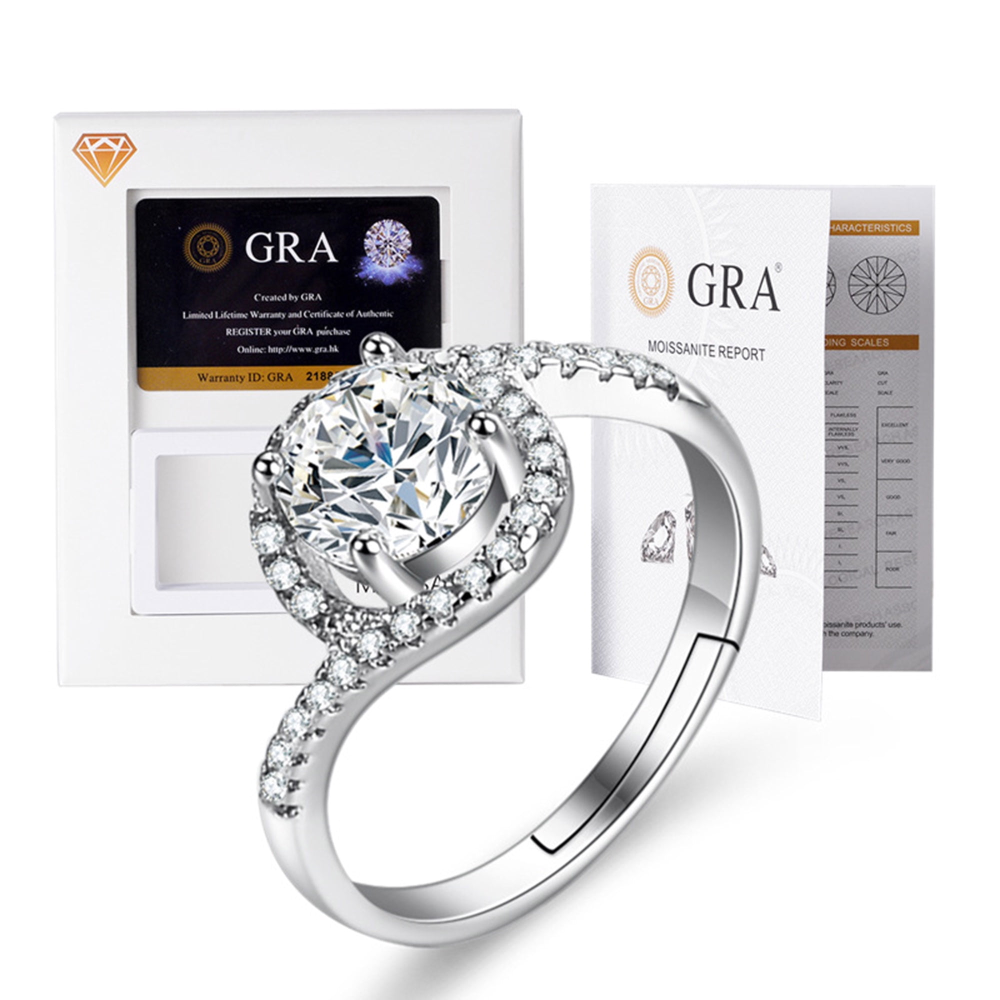 Round Shape 1 Carat Moissanite Diamond VVS1 D Color multi-stone Engagement Ring in White Gold Plated Silver Wedding Jewelry for Women with Adjustable Open