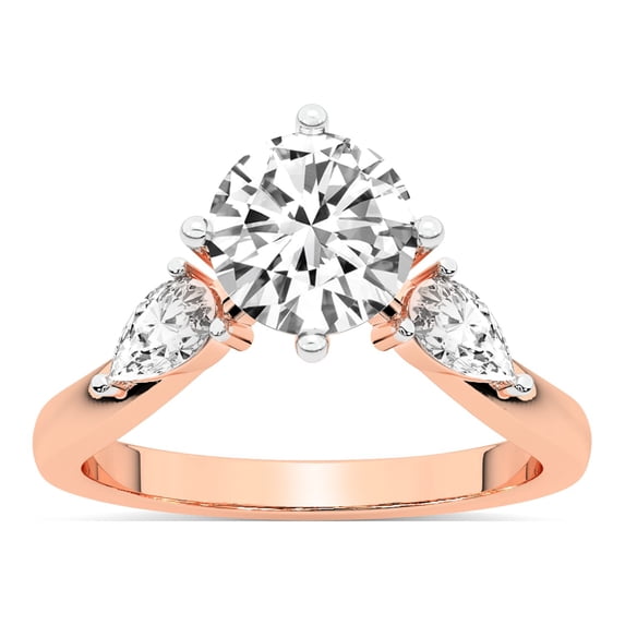 Round Shape 2 Carat IGI Certified Lab Grown Diamond Ring | 14K Rose Gold | Joella Three Stone Chevron Diamond Ring | FG-VS1-VS2 Quality Friendly Diamonds