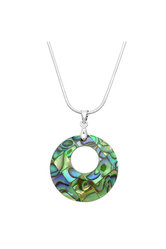 Round Shape Abalone Shell Pendant Necklace Rhodium Plated 17 Inch Snake Chain J0742