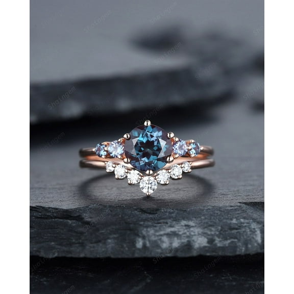 Round Shape Alexandrite Engagement Ring Set, Unique Rose Gold Promise Ring, June Birthstone Bridal Set Anniversary Ring Gift Women