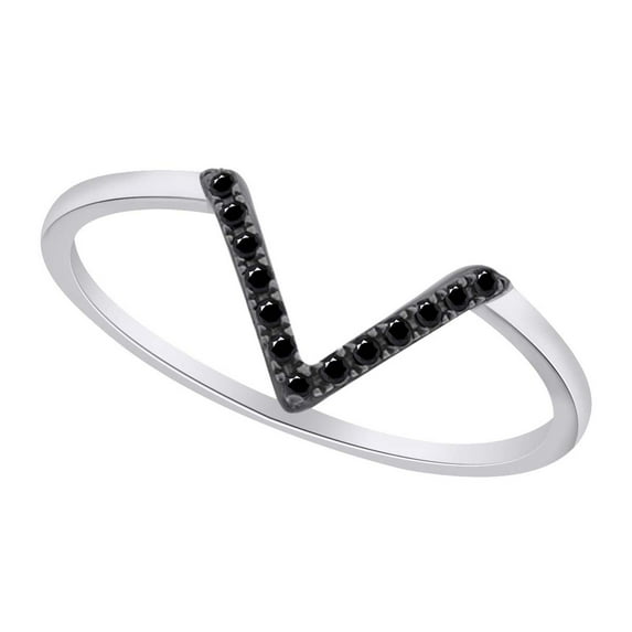AFFY Round Shape Black Natural Diamond Accents Solitaire "V" Frame Engagement Ring In 14k White Gold Ring Size-13.5