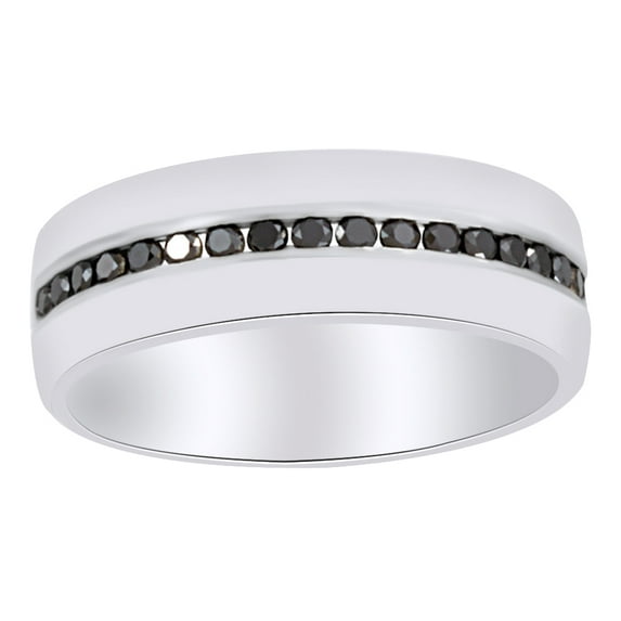 AFFY Round Shape Black Natural Diamond Anniversary Band Ring In 14K White Gold (0.37 Cttw)