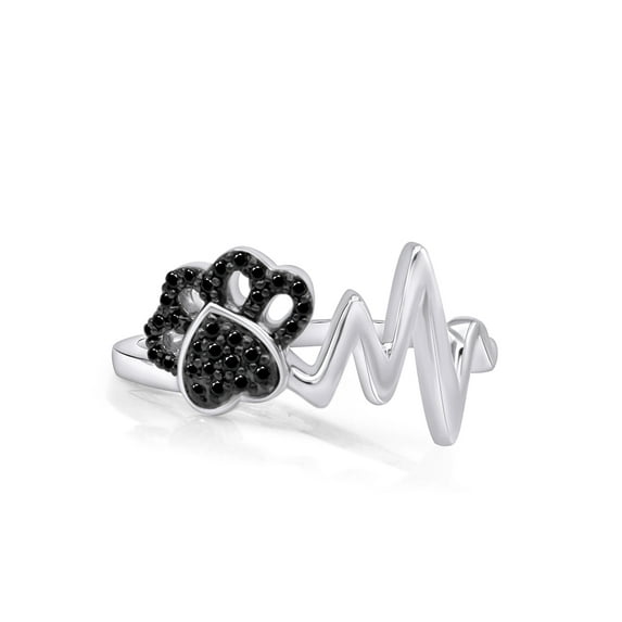 AFFY Round Shape Black Natural Diamond Paw & Heartbeat Ring 14K White Gold Over Sterling Silver (0.1 Ct)