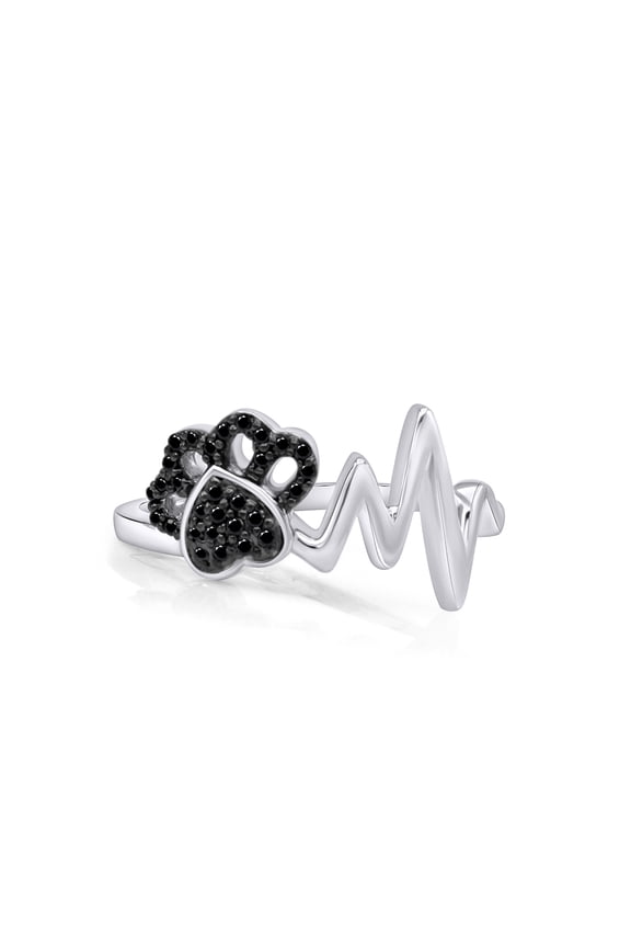 Round Shape Black Natural Diamond Paw & Heartbeat Ring 14K White Gold Over Sterling Silver (0.1 Ct)