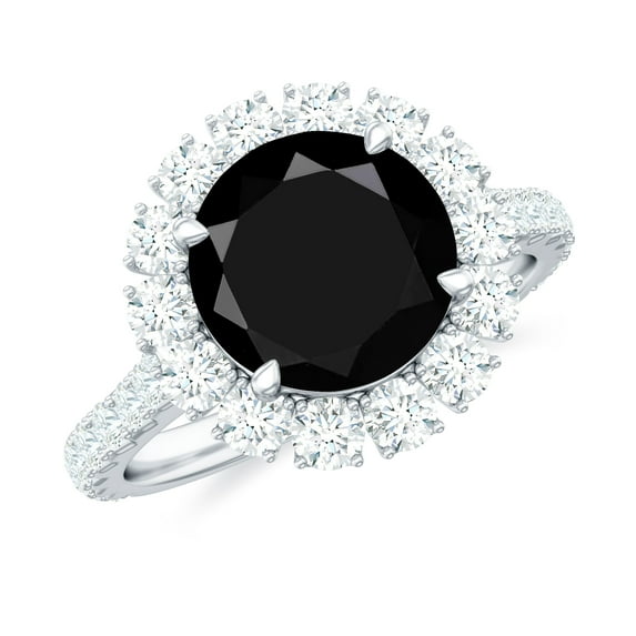 Rosec Jewels Natural Black Onyx Engagement Ring with Moissanite - Round Black Onyx Halo Ring - AAA Quality - Jewelry Box included, 10K White Gold, US 6.50