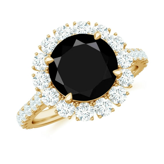 Rosec Jewels Natural Black Onyx Engagement Ring with Moissanite - Round Black Onyx Halo Ring - AAA Quality - Jewelry Box included, 18K Yellow Gold, US 5.50