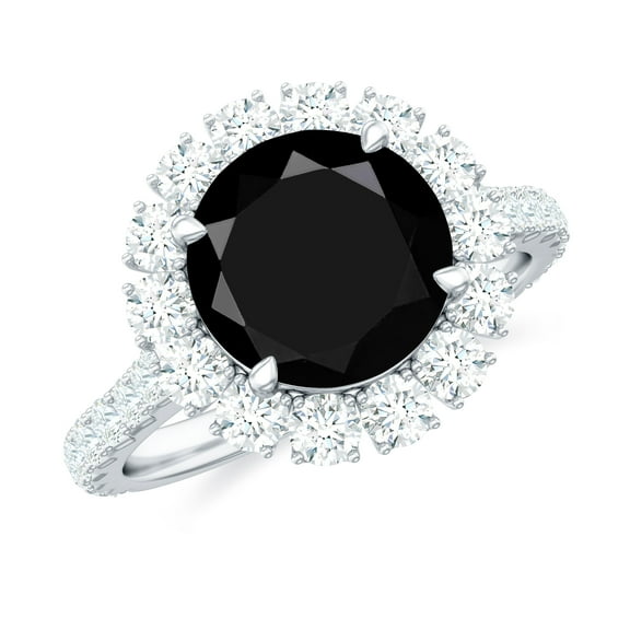 Rosec Jewels Natural Black Onyx Engagement Ring with Moissanite - Round Black Onyx Halo Ring - AAA Quality - Jewelry Box included, 925 Sterling Silver, US 4.00