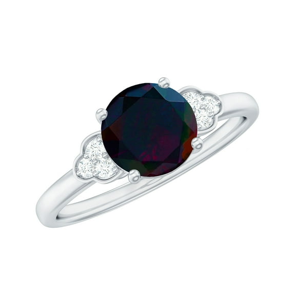 Rosec Jewels Natural Black Opal Engagement Ring for Women - Black Opal Diamond Ring (6 mm, AAA Quality) - With Jewelry Box, 18K White Gold, US 10.50