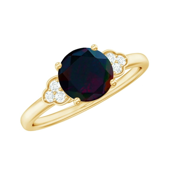Rosec Jewels Natural Black Opal Engagement Ring for Women - Black Opal Diamond Ring (6 mm, AAA Quality) - With Jewelry Box, 18K Yellow Gold, US 8.00