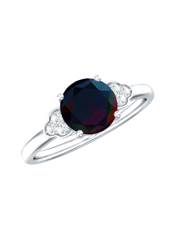 Natural Black Opal Engagement Ring for Women - Black Opal Diamond Ring (0.8 Carat, AAA Quality) - with Jewelry Box, 925 Sterling Silver, US 4.00