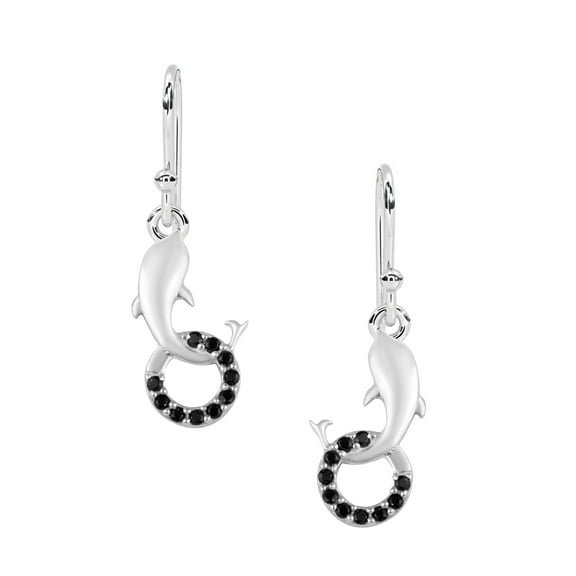 Round Shape Black Spinel 925 Sterling Silver Cute Dolphin Women Dangle Earrings