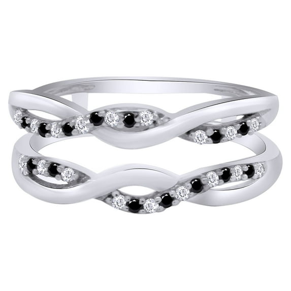 Round Shape Black & White Cubic Zirconia Twist Enhancer Guard Ring 14K White Gold Ring Size - 9.5
