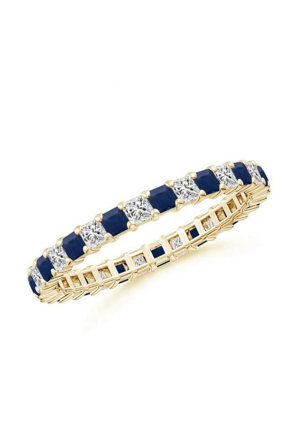 Round Shape Blue Sapphire CZ Diamond Eternity Band Ring Women 925 Sterling Silver Yellow Gold Plated September Birthstone Wedding Anniversary Gift Gemstone Jewelry