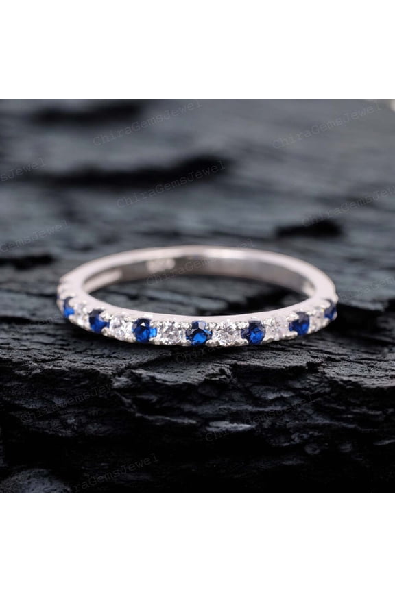 Round Shape Blue Sapphire Wedding Band Art Deco 925 Sterling Silver Eternity band Girlfriend Proposal Band Diamond Mother Promise Gift band