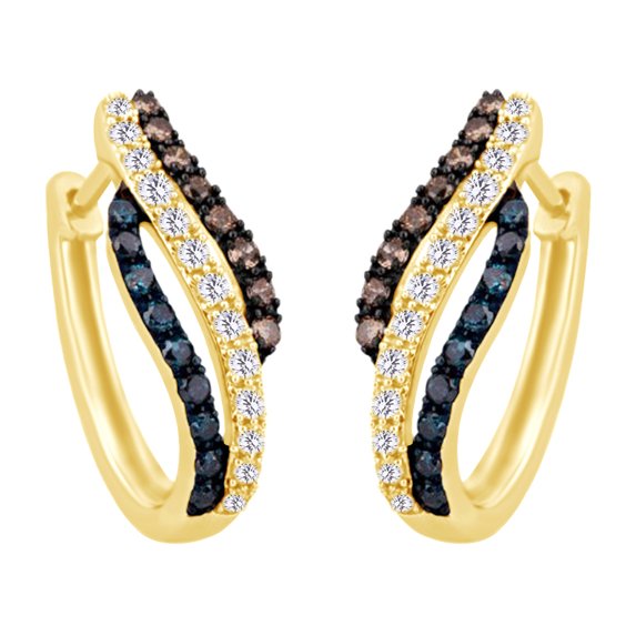 AFFY Round Shape Blue & White & Brown Natural Diamond Wavy Hoop Earrings In 10K Solid Yellow Gold