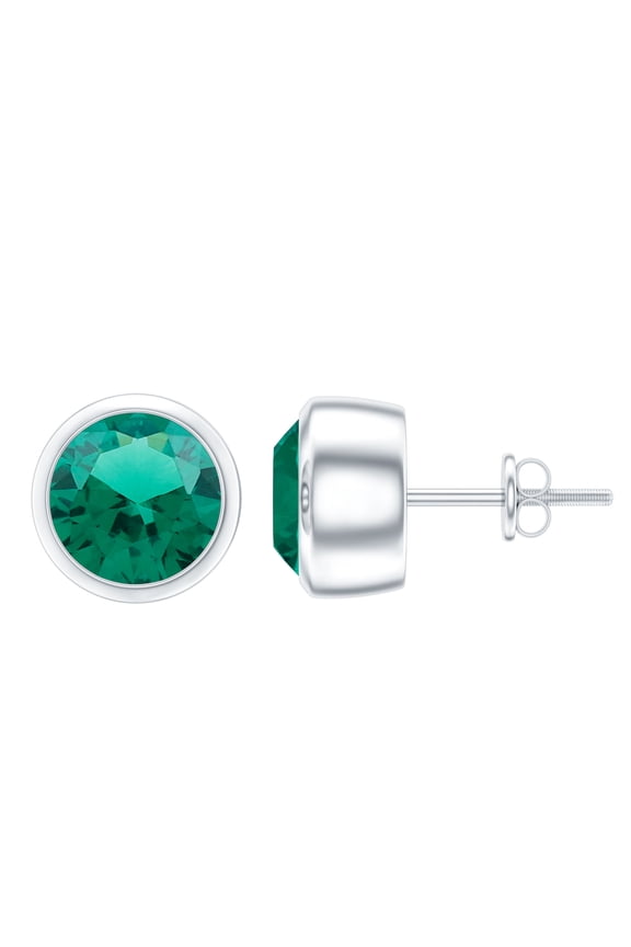Round Shape Created Emerald Solitaire Stud Earrings in Bezel Setting, 925 Sterling Silver