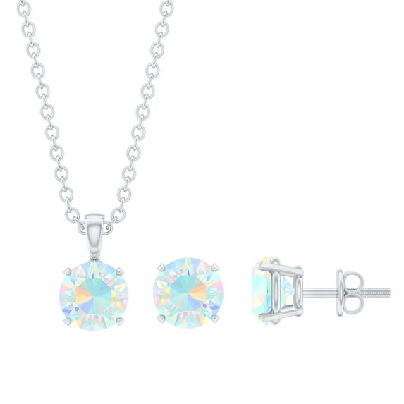 Rosec Jewels Round Shape Ethiopian Opal Solitaire Jewelry Set for Women (5 mm, 1.50 CT), 14K White Gold