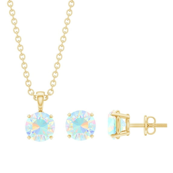 Rosec Jewels Round Shape Ethiopian Opal Solitaire Jewelry Set for Women (5 mm, 1.50 CT), 14K Yellow Gold
