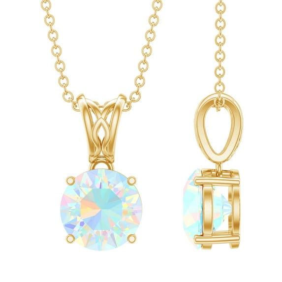 Rosec Jewels Natural Ethiopian Opal Pendant Necklace with Chain - 2 Carat - 8mm - AAA Quality - October Birthstone Necklace, 14K Yellow Gold