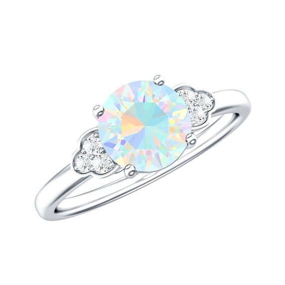 Rosec Jewels Natural Ethiopian Opal Engagement Ring for Women - 6 mm - Opal Diamond Ring - AAA Quality - with Jewelry Box, 14K White Gold, US 7.00