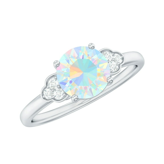 Rosec Jewels Natural Ethiopian Opal Engagement Ring for Women - 6 mm - Opal Diamond Ring - AAA Quality - with Jewelry Box, 925 Sterling Silver, US 4.00
