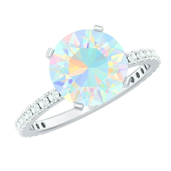 Rosec Jewels Round Shape Ethiopian Opal Solitaire Ring with Diamond for Women (8 mm), 10K White Gold, US 11.50