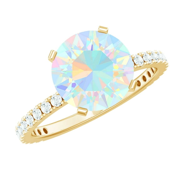 Rosec Jewels Round Shape Ethiopian Opal Solitaire Ring with Diamond for Women (8 mm), 18K Yellow Gold, US 12.00
