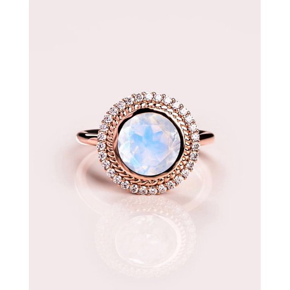 Round Shape Halo simulated diamond Moonstone engagement ring 14k Gold plated over sterling silver birthstone promise ring for women Art Deco Round simulated diamond band